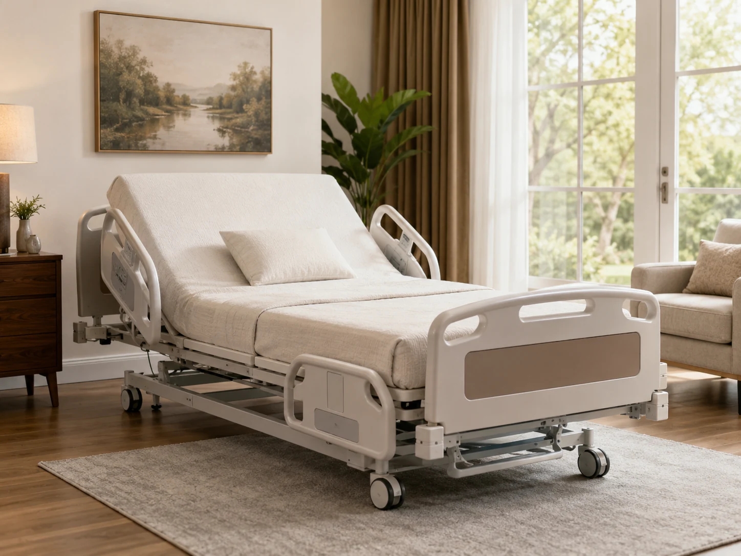 Adjustable hospital bed in a home care bedroom