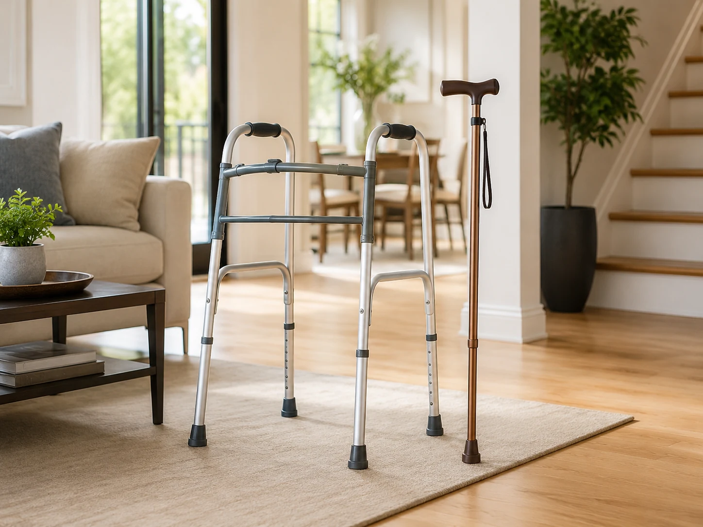 Walker and mobility aids in a bright home living space