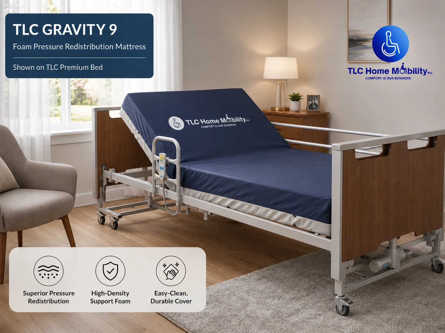 Gravity 9 foam pressure redistribution mattress shown on a TLC premium hospital bed in a home care room