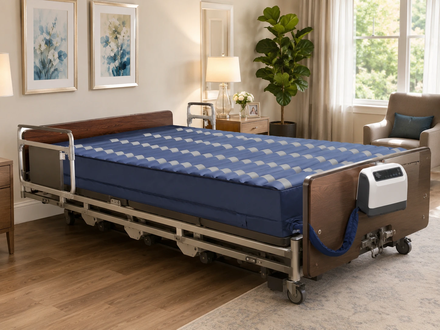Med-Aire Plus 10 bariatric alternating pressure and low air loss mattress shown on a TLC premium hospital bed