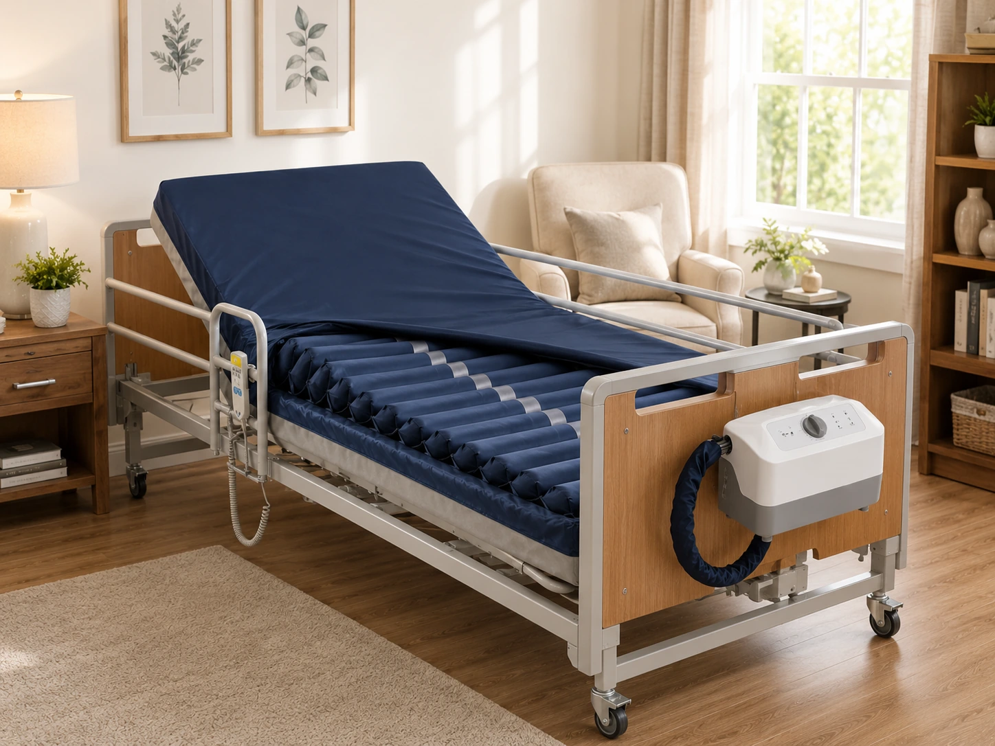Med-Aire Plus 8 alternating pressure and low air loss mattress on a TLC premium hospital bed for home care pressure relief