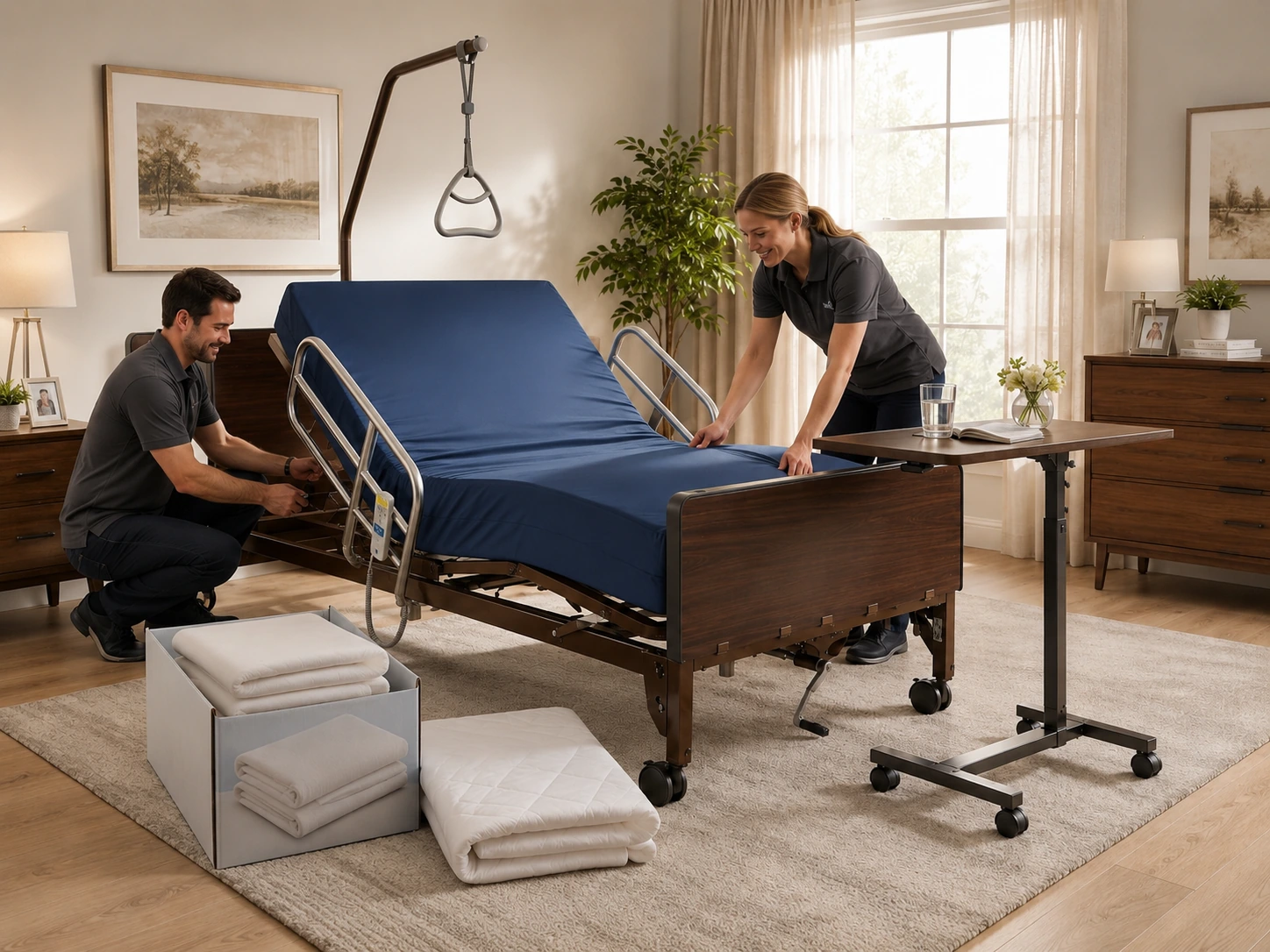Pre-owned hospital bed with support setup for home care