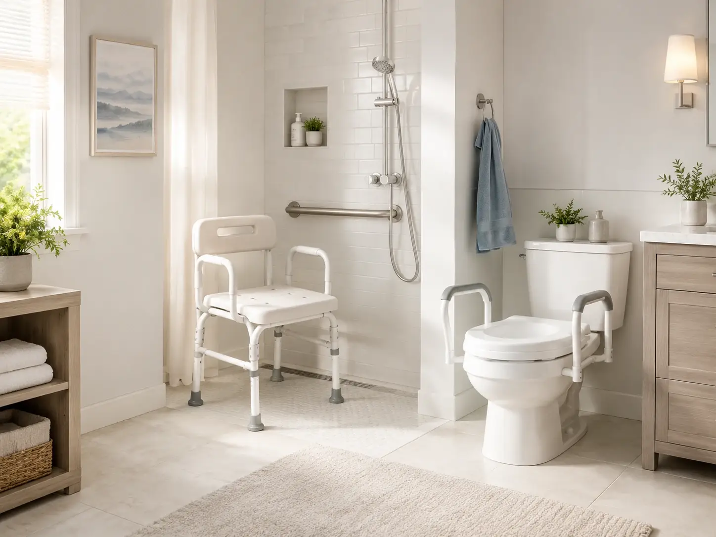Bathroom safety equipment for safer bathing toileting and transfers