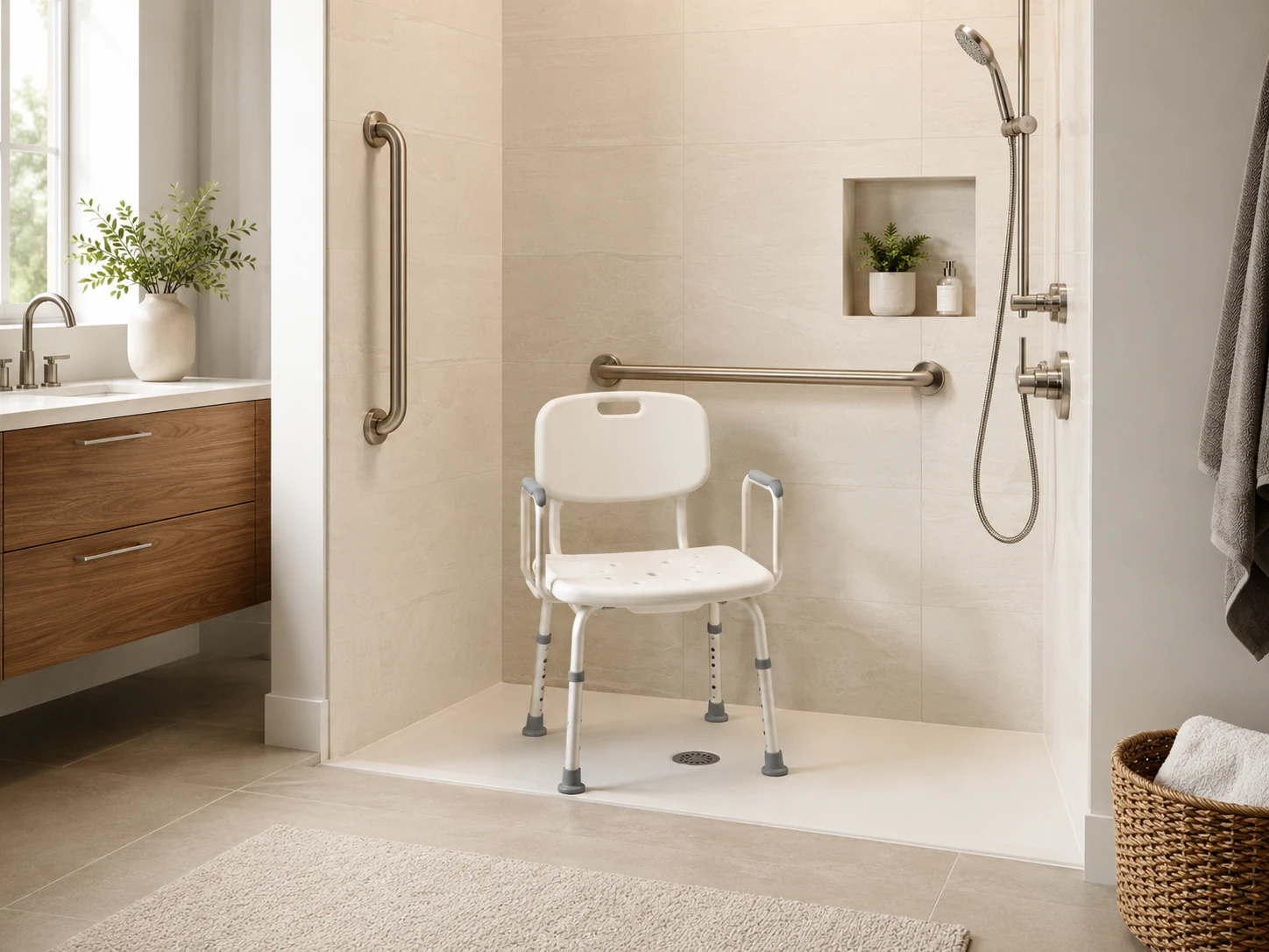 Bathroom safety equipment with shower chair and grab bars