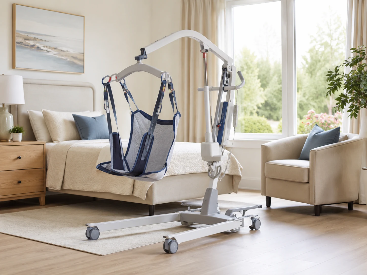 Patient lift and transfer equipment in a home care bedroom